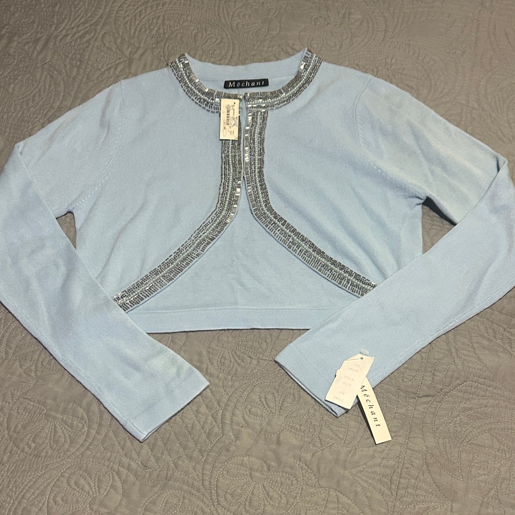 Merchant Blue Cropped Sweater With Silver  Pearl Beaded Accents Nwt